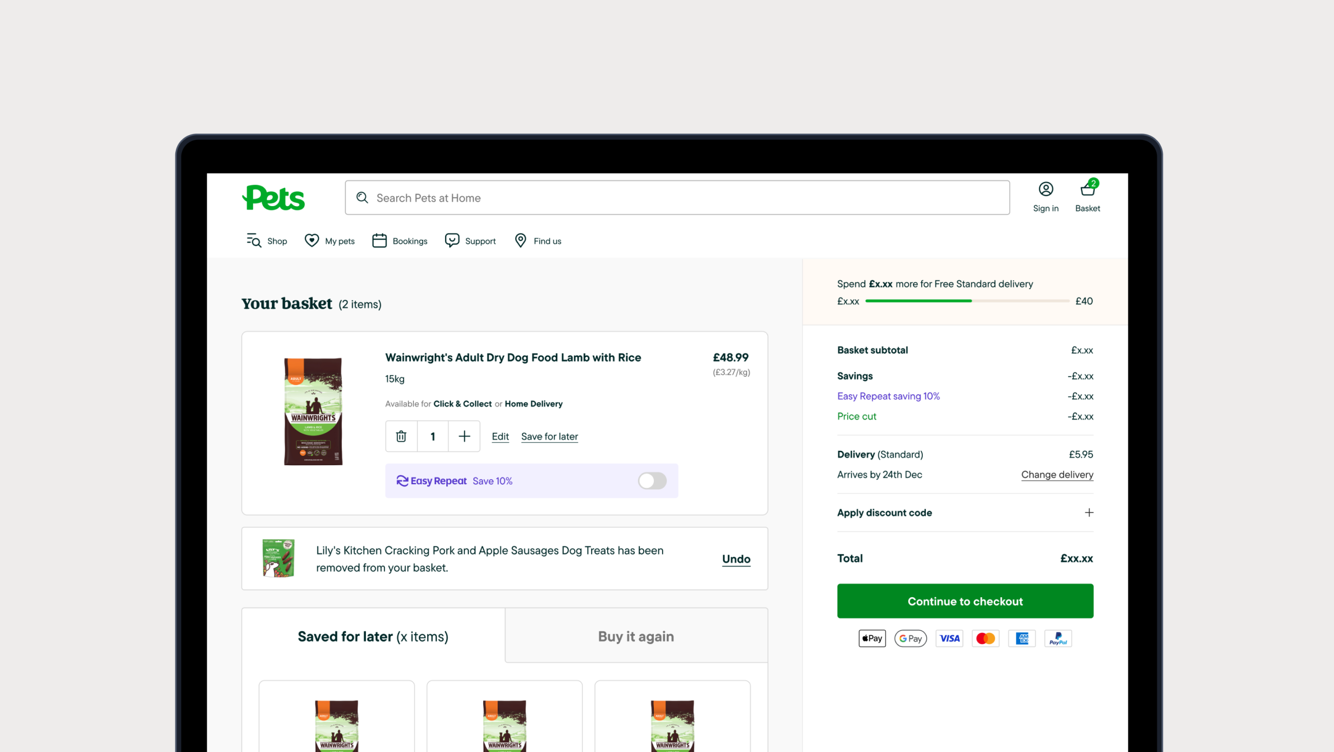 High-fidelity basket prototype showing redesigned layout with save for later and improved checkout flow